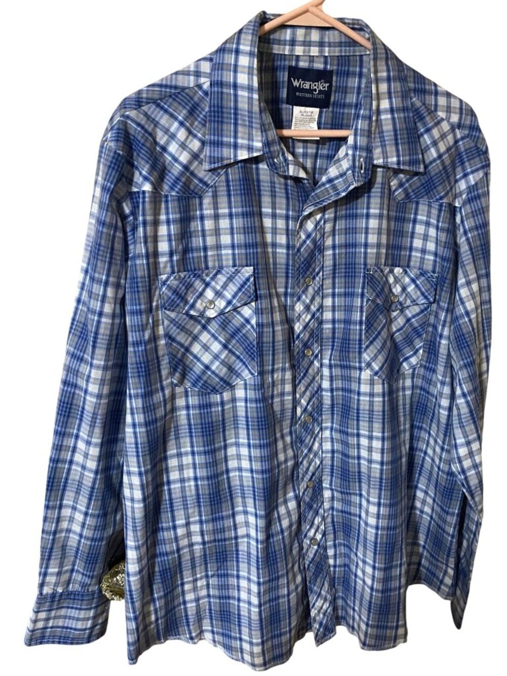 Wrangler Mens XL Blue Plaid Pearl Snap Western Shirt Long Sleeve Cowboy